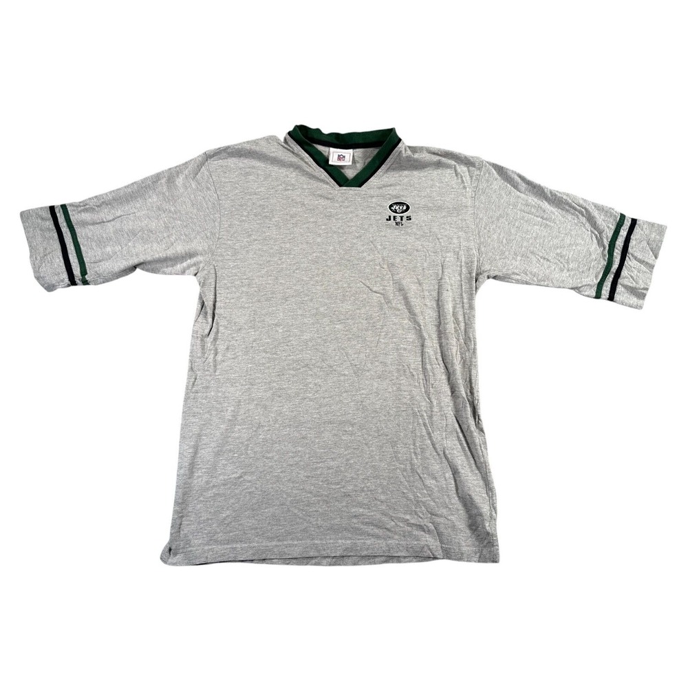 Vintage New York Jets Shirt Mens XL Gray 3/4 Sleeve V-Neck Embroidered Logo 90s‎